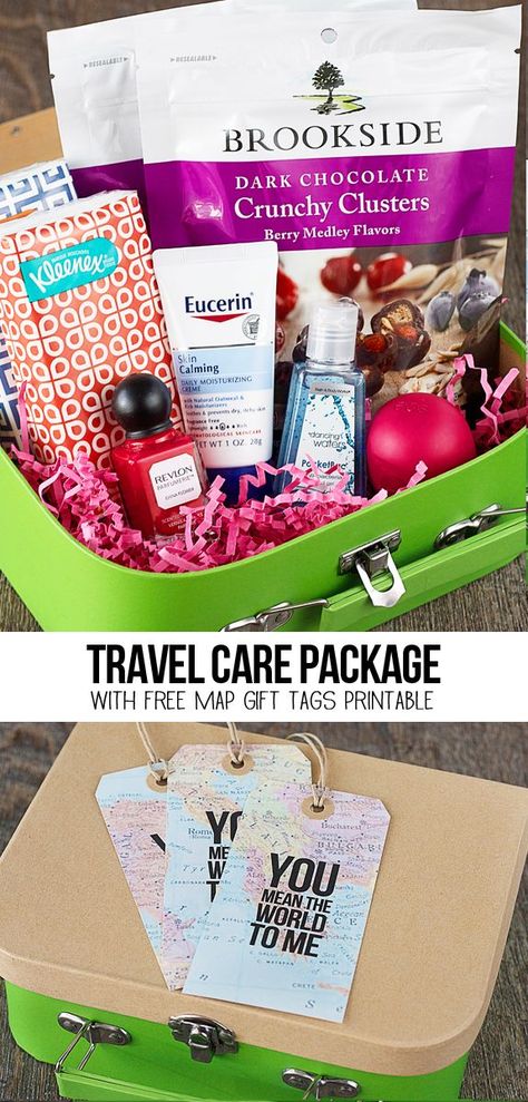 A sweet travel themed care package with free map gift tags that say, "You mean the world to me!" More details at www.livelaughrowe.com #discoverbrookside #travelgiftsideas Natal, Care Packages, Travel Care Package, Travel Gift Basket, You Mean The World To Me, Diy Spring, Map Gifts, Gift Tags Printable, Travel Packages