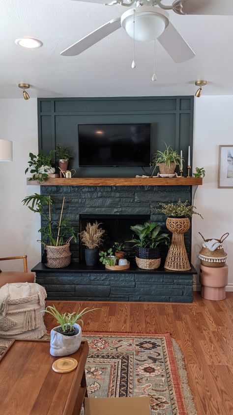 Moody Living Room, Fireplace Mantle Decor, Brick Fireplace Makeover, Geek Decor, Fireplace Remodel, Home Fireplace, Fireplace Makeover, Living Room Remodel, Mantle Decor