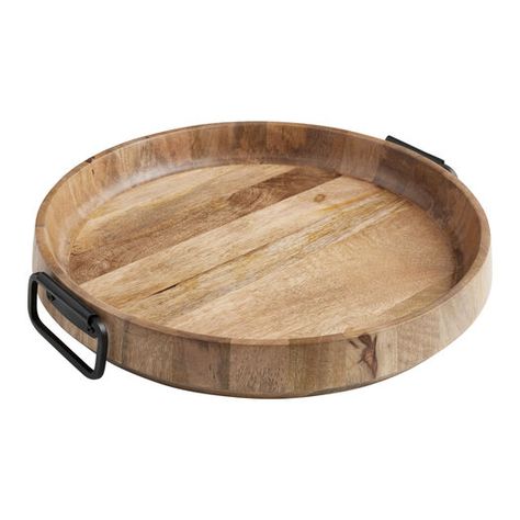 Round Light Mango Wood And Black Metal Modern Serving Tray by World Market Mango Wood Bowl, Wood Coffee Table Living Room, Wooden Kitchen Accessories, Round Wooden Tray, Mango Wood Bowls, Modern Serving Trays, Wood And Black Metal, Wooden Dishes, Wood And Black