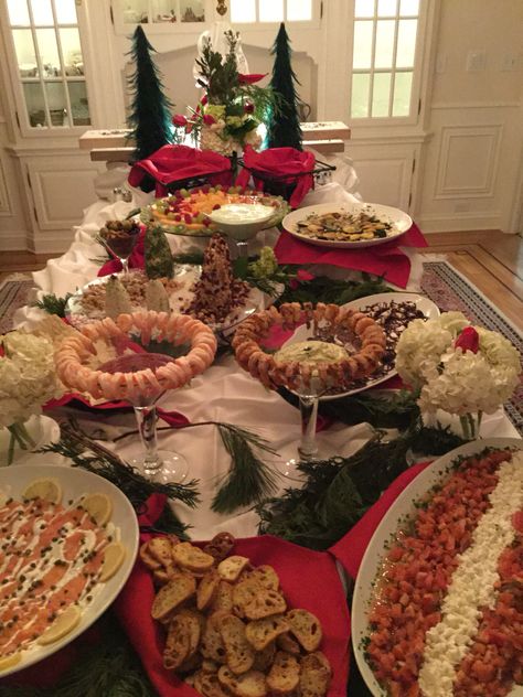 Holiday party food display  Elegant Occasions Catering Natal, Classy Christmas Party Food, Christmas Food Serving Ideas, Christmas Dinner Display, Christmas Appetizers Table Display, Christmas Catering Display, Christmas Appetizer Display, Holiday Food Table Display, Christmas Appetizer Buffet Display