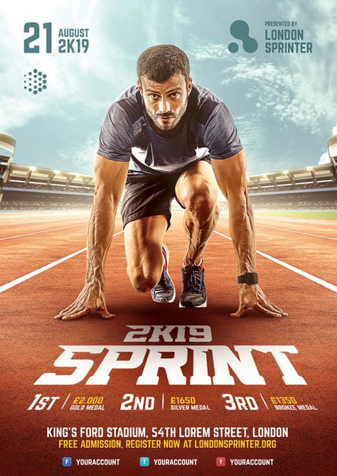 Sprint Run Flyer Template on Behance Sports Ad Design, Poster Sport Design Ideas, Sport Poster Design Inspiration, Run Poster Design, Running Poster Design, Running Graphic Design, Run Graphic Design, Sports Flyer Design, Sport Ads