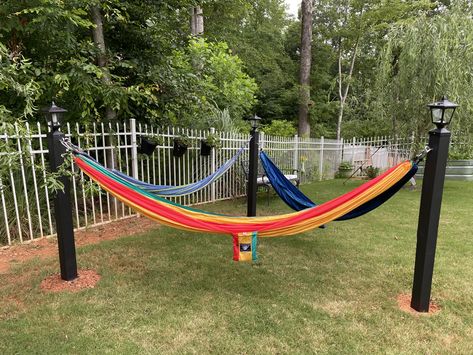 Hamack Stand Diy, Hammock Poles Backyard, Hang A Hammock Without Trees, Hammock Ideas Backyard Corner, 2 Hammock Ideas Backyard, Covered Hammock Outdoor, Diy Backyard Hammock, Outside Hammock Ideas, Diy Backyard Hammock Area