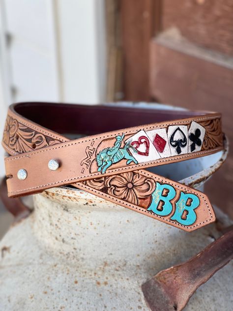 Custom Belts Western, Western Tooled Leather Belt, Custom Leather Belts With Initials, Western Leather Belt Patterns, Custom Buckle Ideas, Leather Western Belt, Western Belt Designs, Custom Tooled Belt, Tooled Western Belt