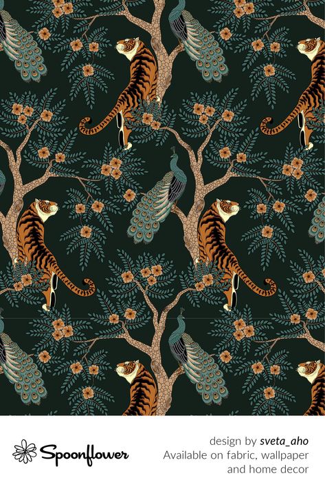 Tiger And Peacock Wallpaper, Tiger Lion Wallpaper, Vintage Print Wallpaper, Dark Patterned Wallpaper, Tiger Wallpaper Bedroom, Tiger Wallpaper Bathroom, Indian Print Wallpaper, Jungle Print Wallpaper, Tiger Pattern Wallpaper