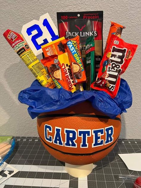 Basketball Themed Gift Baskets, Basketball Coach Gift Basket, Senior Baskets Gift Ideas Basketball, Senior Night Basketball Gift Ideas, Senior Basketball Gift Ideas, Senior Night Basketball Gifts, 8th Grade Night Basketball Gift Ideas, Basketball Senior Night Gifts Baskets, Boys Basketball Senior Night Gifts