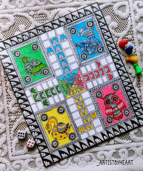 This attractive Ludo ( board game) is made in madhubani style of indian folk art, it is also known as mithila painting. This is made on a art paper and available for sales and prints ( For queries visit my Instagram DM to know the details) Visit link now!! Wall Painting Madhubani, Madhubani Art Colourful, Mithila Art Design, How To Make Assignment Attractive, Mithila Painting Indian Folk Art, Madhubani Art Design Indian Paintings, Ludo Drawing, Mithila Painting Design, Mood Boards Painting