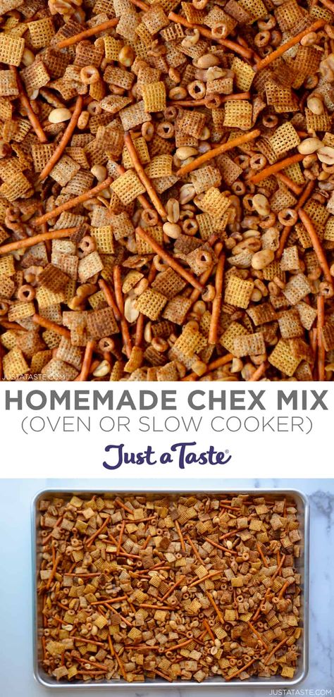 Homemade Chex Mix is a holiday tradition that's salty, savory and so dang addicting! This snack mix can be tossed into a slow cooker or baked in the oven. #chexmixrecipes #holidayrecipes #snackmix #justatasterecipes Savory Chex Mix Recipes, Chex Mix Recipes Christmas, Savory Chex Mix, Salty Chex Mix, Chex Mix Recipes Sweet, Homemade Chex Mix Recipe, Homemade Chex Mix, Chex Mix Recipes, Just A Taste