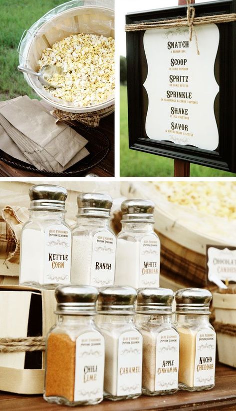 Snack Attack: Easy Nibbles for Your Cocktail Hour. #weddings #cocktailhour #food Inexpensive Snacks, Bar A Bonbon, Popcorn Party, Do It Yourself Wedding, Popcorn Bar, Kettle Corn, Food Stations, Festa Party, Wedding Food