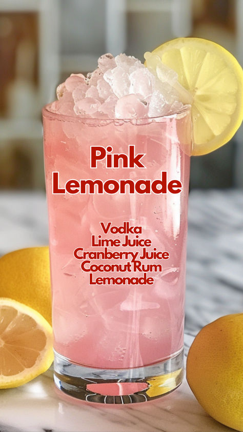 Pink Lemonade Girly Drinks Alcohol Easy Summer Cocktails, Best Drinks With Vodka, Summer Alchol Drinks Easy, Cute Drink Ideas Alcohol, Pink Lemonade Mixed Drink, Pink Vodka Lemonade, Cocktails Recipes Pink, Mix Alcohol Drinks, Pink Vodka Lemonade Cocktail