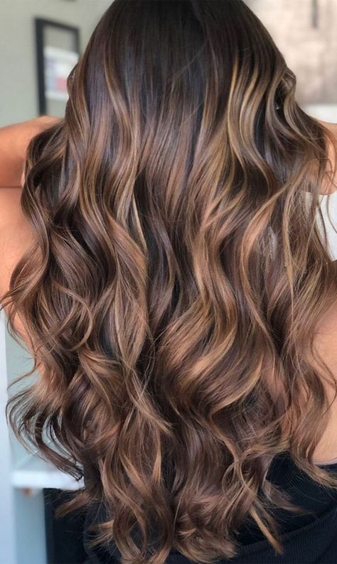 Carmel Highlights In Dark Brown Hair, Caramel Blonde Highlights On Brown Hair, Black With Caramel Highlights, Caramel Highlights Straight Hair, Dimensional Brown Hair, Caramel Hair Colour, Blonde Highlights Brown Hair, Brown Hair Color Shades, Balayage Hair Caramel