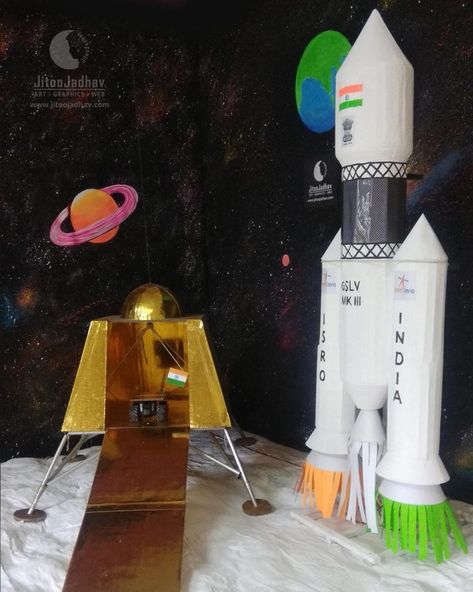 Chandrayaan 2 Model For School Projects & Ganpati Decoration - JitooJadhav Chandrayan 3 Theme Decoration, Ganpati Decoration Chandrayan, Chandrayan 3 Decoration Ideas, Chandrayan Theme Decoration, Chandrayan Decoration Ideas, Model Of Chandrayaan 3, Chandrayan Model For School, Chandrayan 3 Project For School, Chandrayan 3 Decoration