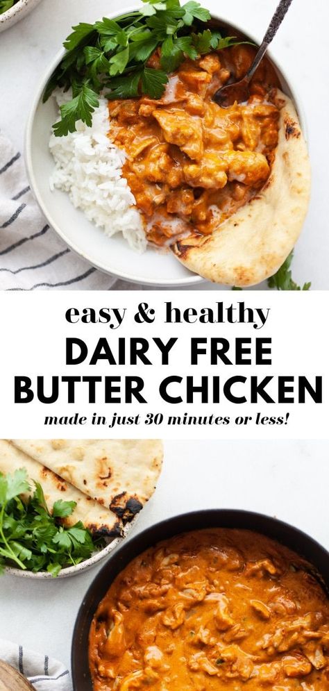 This easy and delicious Indian inspired butter chicken recipe is healthy, made dairy free with coconut milk and cashews (and gluten free too!). A healthy version of a comfort food fave, this paleo-friendly recipe can be made on the stovetop or in the slow cooker! Dairy Free Butter Chicken, Dairy Free Butter, Dairy Free Cooking, Dairy Free Recipes Dinner, Dairy Free Dinner, Butter Chicken Recipe, Healthy Dinner Recipes Chicken, Gluten Free Dairy Free Recipes, Gluten Free Dinner