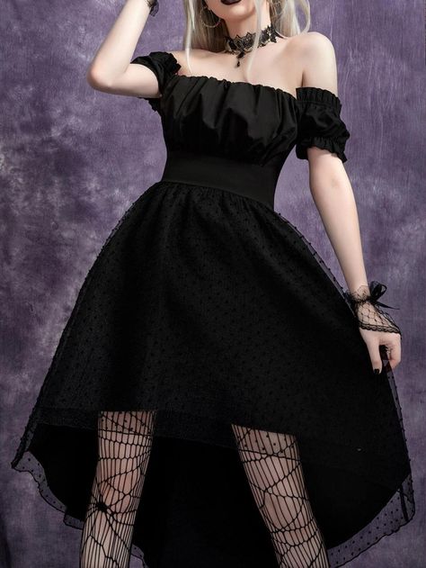 Gothic Off Shoulder Contrast Dobby Mesh High Low Hem Dress | SHEIN USA Manche, Punk Dress Formal, Elegant Goth, Women Midi Dresses, Outfits Fiesta, Punk Dress, Goth Dress, Gothic Dress, Women Midi
