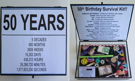 Woman gifts her friend a 'survival kit' for her 50th birthday complete with 'lost' marbles 50th Birthday Gifts Diy, Birthday Survival Kit, 50th Birthday Women, 50th Birthday Presents, Survival Kit Gifts, Moms 50th Birthday, 50th Birthday Party Decorations, 50th Birthday Gifts For Woman, 50th Birthday Decorations