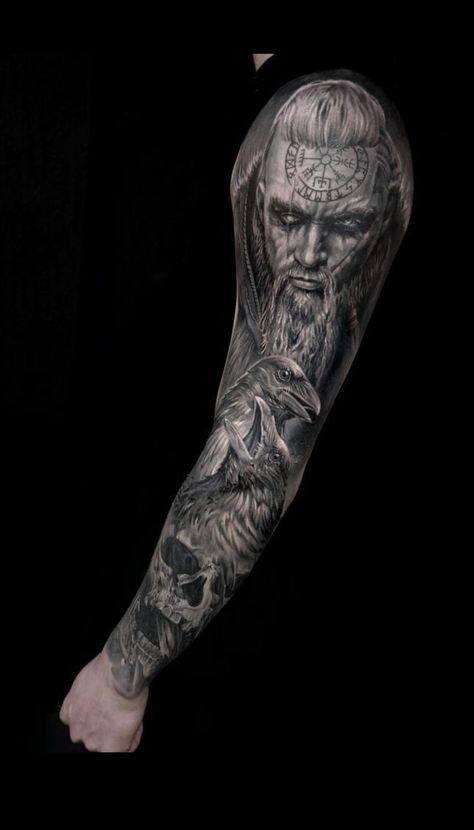 Raven Norse Tattoo, Odens Raven Tattoo, Tyr Norse God Tattoo, Odin Tattoo Sleeve, Black And Grey Realism Tattoo Sleeve, Nordic Tattoo Sleeve, Viking Sleeve Tattoo, Odin Tattoo Design, Huginn And Muninn Tattoo