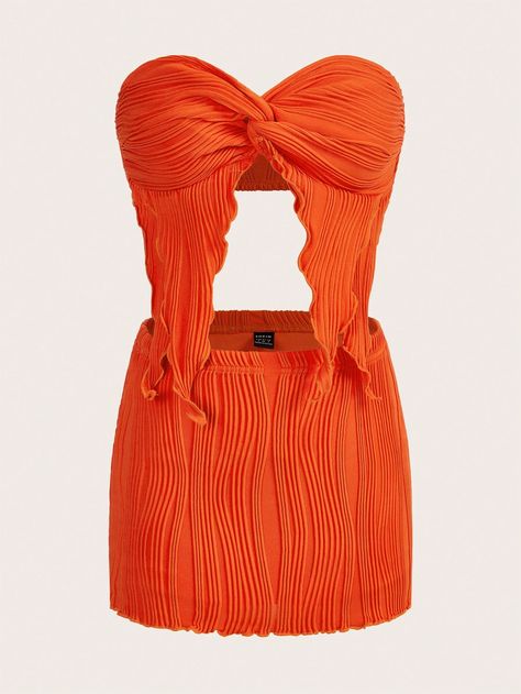 Orange Sexy Collar Sleeveless  Plain  Embellished Slight Stretch  Women Clothing Orange Tube Top Outfit, Twist Front Tube Top, Orange Tube Top, Orange Clothes, Orange Two Piece, Classy Fall Outfits, Estilo Tropical, Orange Fits, Color Block Skirt