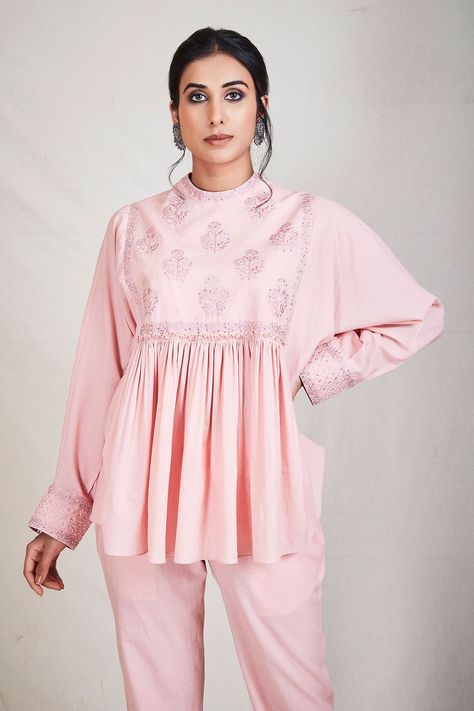 Short Tunic, Tunics Online, Jumpsuit Skirt, Pink Tunic, Kids Sleepwear, Embroidered Neckline, Band Collar, Designer Gowns, Pink Shorts