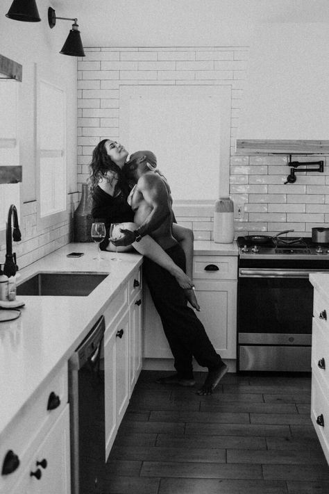 Kitchen Romantic Couple Pic, Cheeky Wedding Photos, Bodiour Photos Couple, Couple Photoshoot Poses Sensual Poses, Couples Spicy Bourdier Photoshoot, Couple Boudiour Poloroid Ideas, Boudiour Poloroid Ideas Couples, Couples Kitchen Photoshoot, Dirty Photoshoot Couple Bedroom