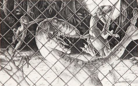 Jurassic Park - Raptors Behind a Fence by IHeartJurassicPark.deviantart.com on @deviantART Velociraptor Drawing, Jurassic Park Novel, Jurassic Park Raptor, Jurassic Park Trilogy, Wild Park, Concept Art Books, Jurassic Park 1993, Cool Dinosaurs, Dinosaur Pictures