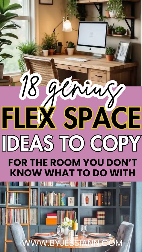 18 Genius Flex Space Ideas to Copy - Flex Room Ideas Sunroom Study Room, Small Den With Desk, Extra Room Ideas Small, Small Gym And Office Room Ideas, Transition Room Ideas, Spare Downstairs Room Ideas, Study Room Shelf Ideas, Home Flex Room Ideas, Relaxing Spare Room Ideas