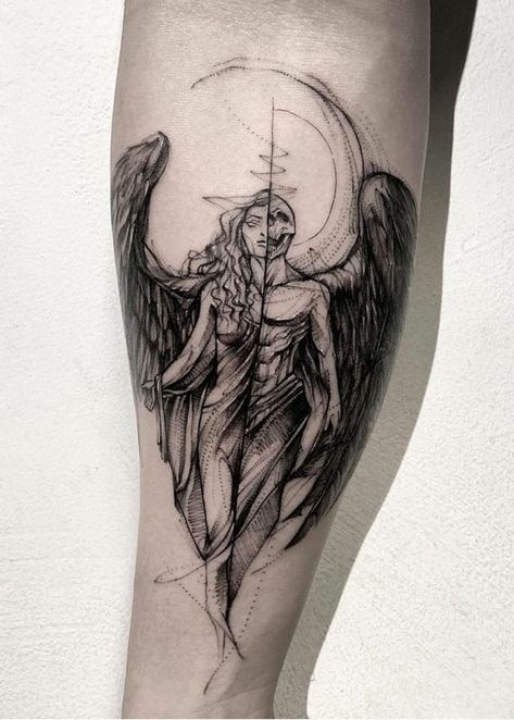 black-and-white-tattoo-of-a-woman-half-angel-half-demon-tattoo-forearm-tattoo Greek Mythological Creatures Tattoo, Lush Tattoo, Good And Evil Tattoos, Evil Tattoos, Evil Tattoo, Sketch Style Tattoos, Tato Lengan, Devil Tattoo, Demon Tattoo