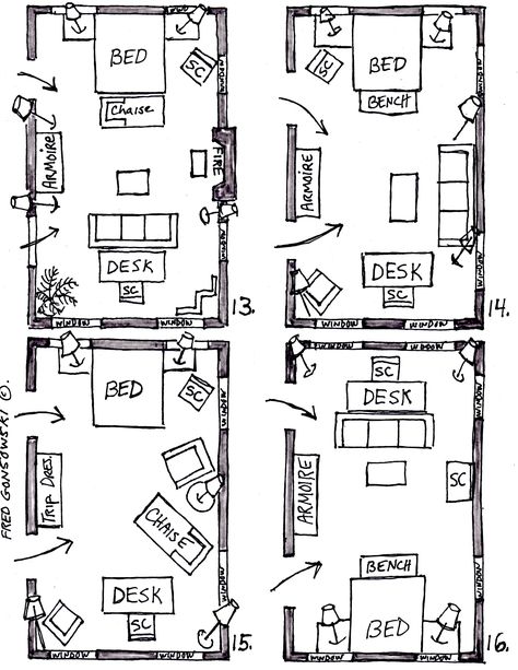 Large Bedroom Layout, Bedroom Furniture Placement, Bed Placement, Arranging Bedroom Furniture, Bedroom Arrangement, Bedroom Furniture Layout, Long Room, Bedroom Layout, Deco Studio