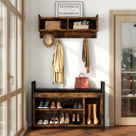 Rustic Shoe Rack Ideas, Shoe Storage Wood, Bench Shoe Storage, Bench And Shoe Storage, Tiny Trinkets, Hall Tree With Bench, Coat Rack Shoe Bench, Industrial Coat Rack, Shoe Bench Entryway