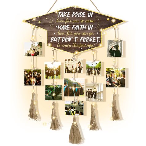 PRICES MAY VARY. ✔️【GRAD PICTURE FRAME】You will get a graduation picture frame equipped with 5 tassel rope and 30 clips which can hang multiple photos to meet the needs of multi pictures display. With a string light in, decorate the display more romantic and heartwarming. ✔️【PREMIUM MATERIAL】The graduation photo hanging display is mainly made of nice quality wood, with fine workmanship and clear printing, durable and reusable, convenient to hang on the wall and keep for a long time. ✔️【EASY TO U Graduation Open House, Graduation Picture Frames, Graduation Photo Banner, Photo Hanging, Senior Graduation Party, Graduation Party Diy, Friends Picture Frame, Graduation Party Centerpieces, Graduation Decor