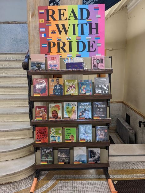 June Library Display Ideas, Lgbtq Library Display, June Library Displays, Pride Month Book Display, Pride Decorations Office, Pride Display Library, Library Pride Display, Pride Month Library Display, Pride Month Display