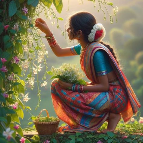 Indian Ai art | Prompt: Indian village girl with colourful saree and single tied hair plucking white fiche flowers from high creeper isometric wide view background gr... | Facebook Colourful Saree, Village Background, View Background, Indian Lady, Village Women, Art Prompt, Draw Hands, Garden Illustration, Village Girl