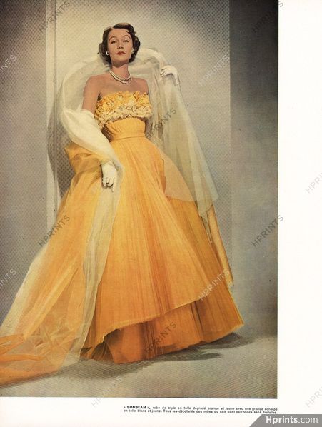 50s Dior Evening Gown, Tulle Couture Gown, Dior 50s Gown, 50s Gowns, 1950 Gown, Yellow Gown Dress, 1940s Couture, 50s Evening Gown, Sophie Malgat