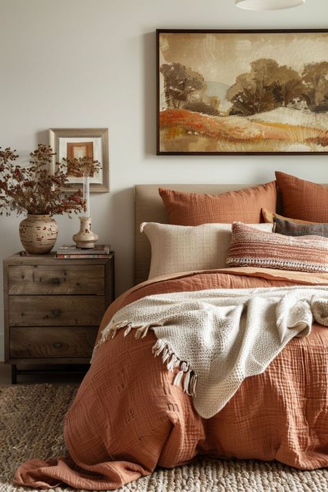 Get inspired with more than 50 ideas for a modern bedroom that embraces earthy elements. Warm, relaxing, and cozy are the hallmarks of these designs, featuring earthy color schemes that bring the outdoors in. Rust And Ivory Bedding, Bedroom Ideas Rust Color, Rust Bedspread Bedroom, Green And Terra Cotta Bedroom, Terra Cotta Comforter Bedroom, Guest Bedroom Styling Ideas, Clay Color Bedding, Cozy Earthy Home Aesthetic, Rust And Green Bedding