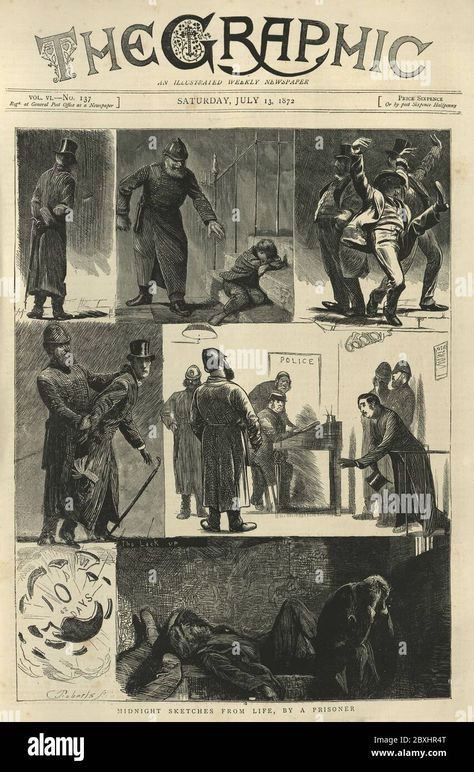 Download this stock image: Front page of Graphic newspaper, 1872, Midnight sketches from life, by a prisoner. Victorian police officer patrolling streets of London at night. 19th Century - 2BXHR4T from Alamy's library of millions of high resolution stock photos, illustrations and vectors. Victorian Newspaper Illustration, Graphic Newspaper, Victorian Police, London At Night, Streets Of London, London Night, London Street, Police Officer, Newspaper