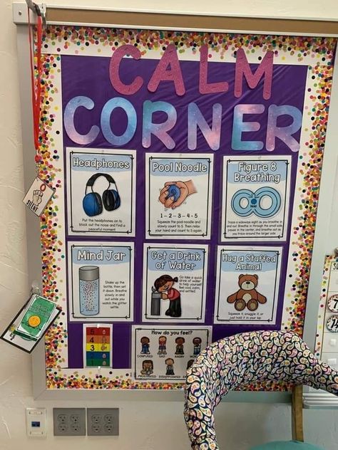 Therapy Room Bulletin Board Ideas, School Therapy Room Decor, Rbt Therapy Room Ideas, Social Emotional Bulletin Board Ideas High School, Iss Classroom Ideas Bulletin Boards, Calm Corner Bulletin Board, School Social Worker Door Decorations, School Psych Office Decor, Bulletin Board Ideas For Counselors