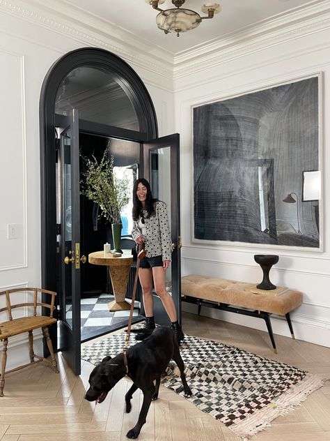 Long Wide Hallway Ideas, Hal Decor, Kardashian Home, Modern Foyer, Athena Calderone, Entry Design, Faded Denim, Interior Inspo, Bags And Accessories