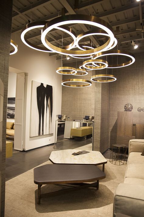 Henge Lighting, Ceiling Light Inspiration, Circle Lighting, Ring Lighting, Circular Ceiling Light, Layered Lighting, Store Lighting, Commercial Lighting Fixtures, Blitz Design