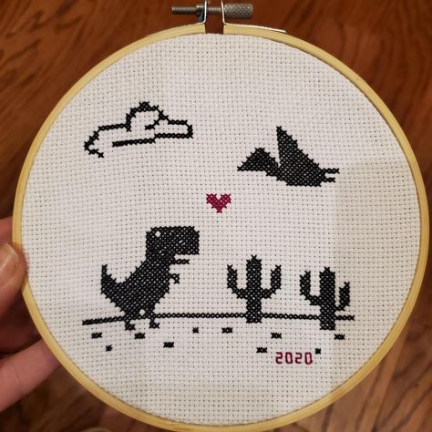 Chrome T-Rex Game adapted from Aliton Embroidery on Etsy by  botticellilady Couture, T Rex Cross Stitch, Colorful Necklaces, Cross Stitch Quotes, Stitch Art, Cross Stitch Funny, Band Bracelet, Embroidery Ideas, Cross Stitch Art