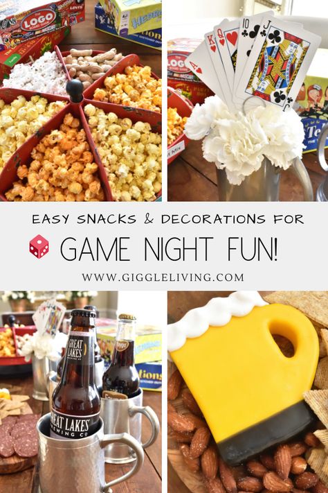 Game day snack and decoration ideas!  Fun for any game inspired party or night in with family or friends! See the easy ideas! #gamenight #partyideas Game Night Centerpiece Ideas, Board Game Night Snacks, Game Night Decorations, Game Night Snacks, Kids Game Night, Game Night Food, Ski Weekend, Couples Game Night, Lab Ideas