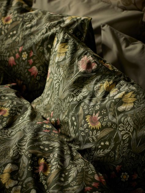 Ikea Green Duvet Cover, Ikea Duvet Covers, Folklore Aesthetic Bedroom, Dark Cottagecore Bedroom Ideas, Ikea Duvet Cover, Ikea Duvet, Moody Home Decor, Fine Yarn, Arts And Crafts Movement