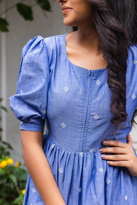 Rs.2400
Denim feel cotton dress with puffed sleeve. 

Model in the picture is wearing size S and length of the dress is 46 inches. Feeding Dresses Indian Style, Maternity Feeding Dress Pattern, Feeding Kurta Designs, Long Puffed Sleeves Blouse Saree, Feeding Party Wear Dress, Maternity Cotton Dress, Kurthis Models For Stitching Cotton, Feeding Tops Ideas, Cotton Dress Models For Stitching