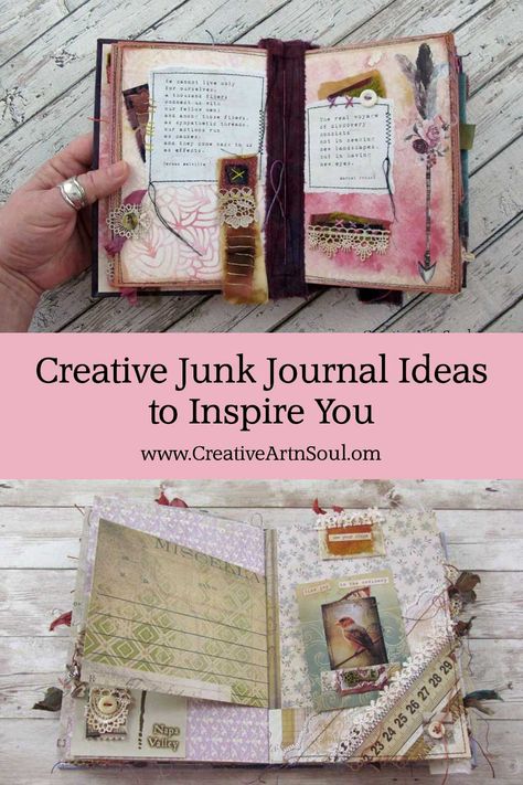 5 Creative Junk Journal Ideas To Inspire You > Creative ArtnSoul Useful Journal Ideas, Ideas For Junk Journal Pages, Junk Journal Examples, Scrapbook Journal Ideas Creative Simple, Small Junk Journal Ideas, Creative Junk Journal Ideas, Junk Journal Page Ideas Creative, Journal Making Ideas Creative, Junk Journal From Old Book