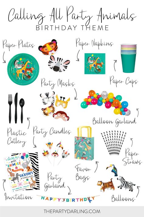 A collage of party animal party supplies and decorations for a birthday party. Featuring tiger and zebra plates, party animal masks, a 6ft colorful DIY balloon garland, favor bags, animal birthday candles, a tiger, zebra, and toucan balloon, and a printable birthday invitation. Party Animals Theme Birthday, Jungle Safari Birthday Party Decoration At Home, Animal Party 2nd Birthday, Party Animal Table Setting, Jungle Party Bags, Zoo Animals Birthday Party, Party Animals 2nd Birthday, Animal Party Birthday, Animal Party Theme Games