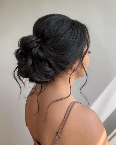 Bridesmaid Updo Hairstyles Brunette, Wedding Hair Updo Brown Hair, Updos Bridesmaid Hair, Indian Wedding Hairstyles Updo, Brunette Hair Wedding Styles, Bridal Updo For Thick Long Hair, Big Low Bun Wedding Hair, Low Prom Bun, Wedding Hairstyles Up Do