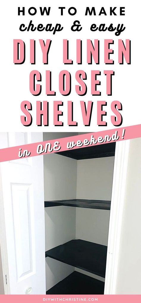 Ready to maximize space in your linen closet? Follow this cheap and easy tutorial to make custom DIY linen closet shelves! This is a perfect beginner DIY project for you to tackle and makeover your linen closet. Plus a few bonus linen closet organization tips at the end! Renovation ideas and home improvement DIY projects to maximize space in a linen closet! Diy Linen Closet, Linen Closet Design, Linen Closet Shelves, Linen Closet Makeover, Diy Closet Shelves, Closet Organization Tips, Small Linen Closets, Cheap Closet, Bathroom Linen Closet