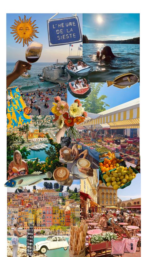 vintage travel vibe collage depicting shops, beaches, colourful houses, coffee, markets, croissants, wine, sun, fish and other motifs Los Angeles, France Wallpaper, Chill Wallpaper, French Wallpaper, France Aesthetic, Word Collage, Beautiful Collage, France Art, Europe Vacation