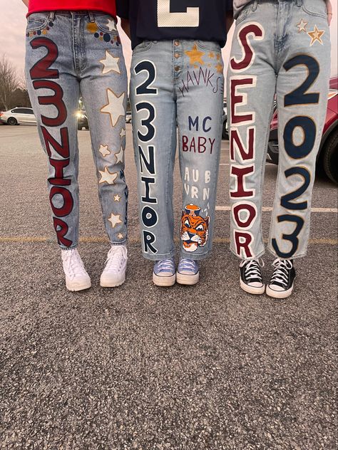 Class Of 2024 Senior Pants, Class Of 2024 Pants, Senior 2023 Jeans Ideas, Haltom High School, Senior Sunrise Pants Ideas, Painting Jeans For Seniors, Sr Painted Jeans, Jeans For Senior Year, Senior Year Jeans 2024