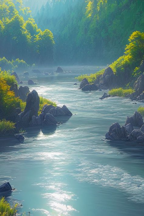 Nature, River Drawing, Rush Poster, Matka Natura, River Forest, Water Drawing, Dreamy Landscapes, Rocky Shore, River Art