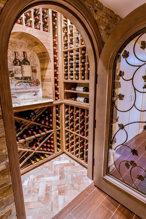 San Miguel De Allende, Wine Cellar Closet Ideas, Black Crown Molding, Wine Cellar Small, Wine Cellar Closet, Under Stairs Wine Cellar, Wine Grotto, Herringbone Floor Tile, Wine Organization