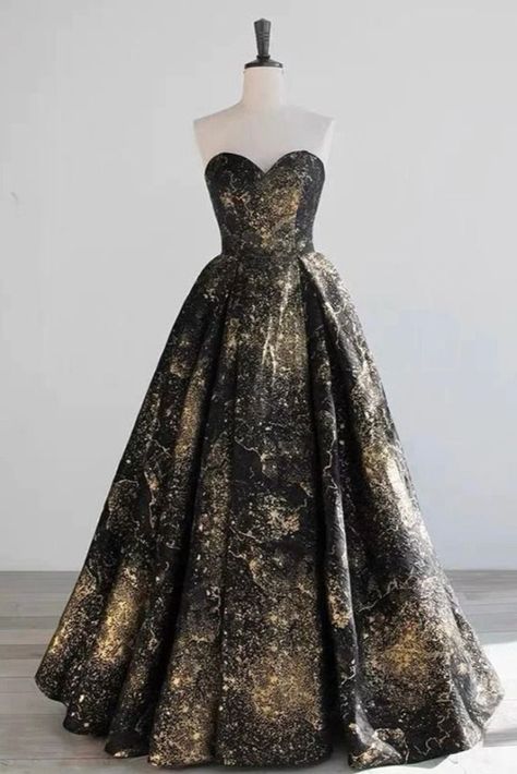 Formal Black And Gold Dress, Black Dress Gold Details, Gold Black Wedding Dress, Black Wedding Dress With Gold Accents, Gold And Black Dress Formal, Wedding Dresses With Gold Detail, Black And Gold Masquerade Dress, Black And Rose Gold Wedding Dress, Black And Gold Wedding Dresses