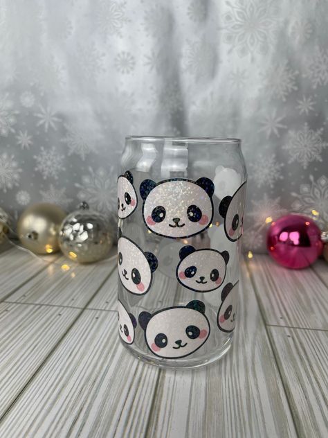 Super cute panda made with a holographic finish!! Poster Color Painting, Suffolk Va, Poster Color, Glass Bottle Crafts, Reusable Cup, Iced Coffee Cup, Color Painting, Libbey Glass, Cute Panda